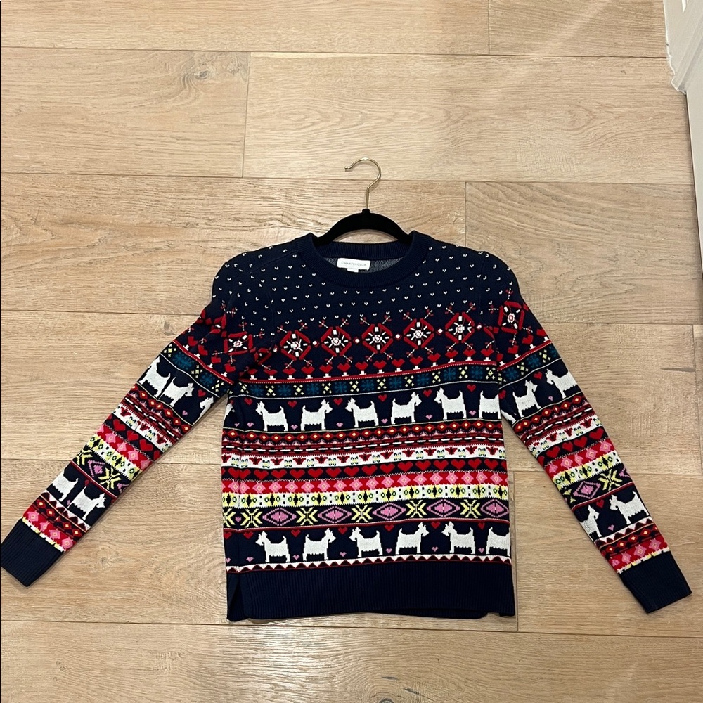 Navy Patterned Women’s Sweater with Holiday and Terrier Motif